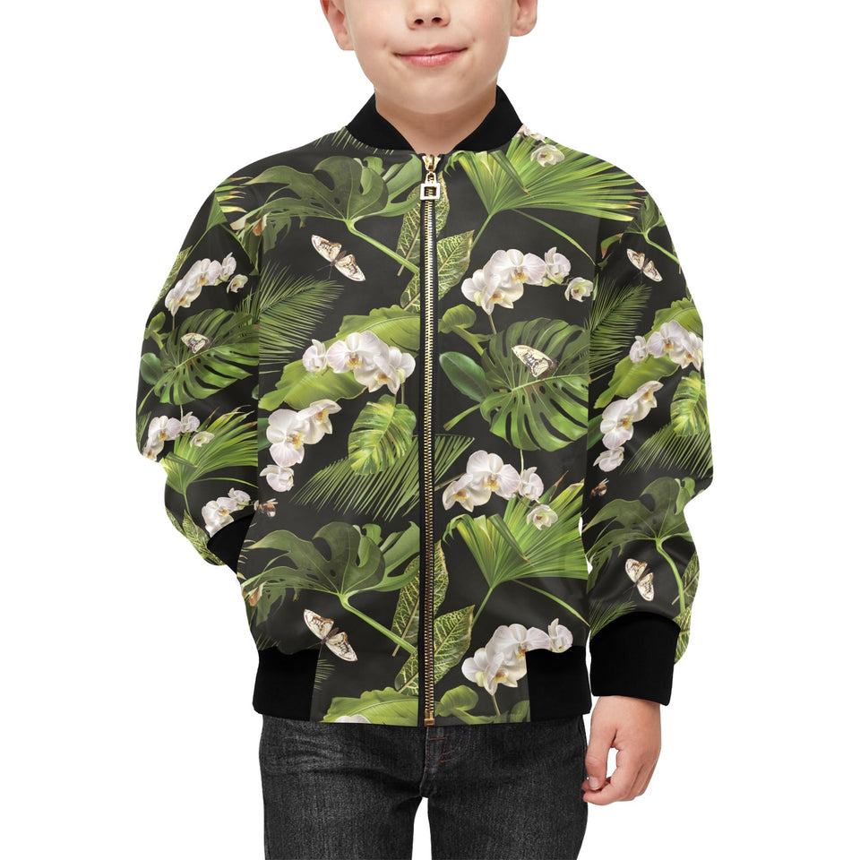 White orchid flower tropical leaves pattern blackg Kids' Boys' Girls' Bomber Jacket