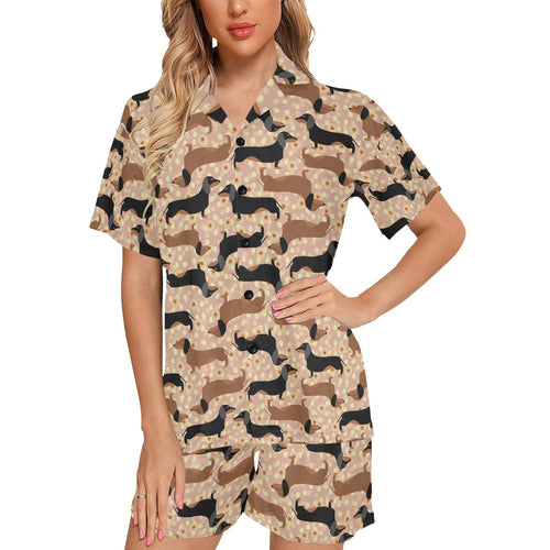 Dachshund floral background Women's V-Neck Short Pajama Set
