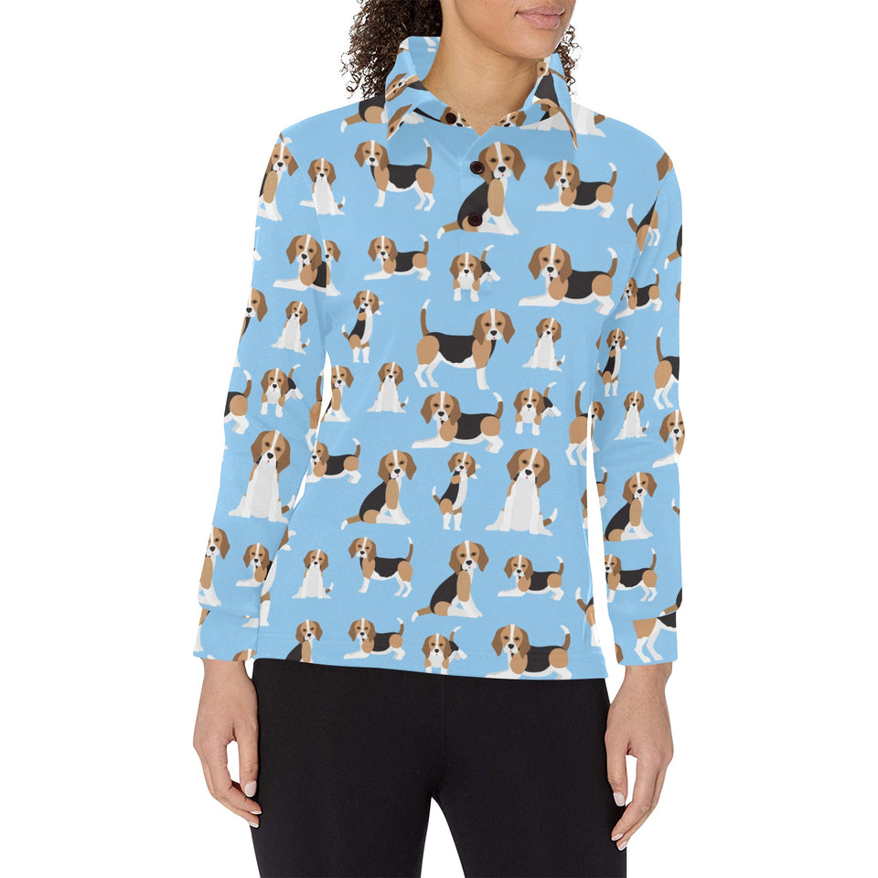 Beagle dog blue background pattern Women's Long Sleeve Polo Shirt