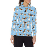 Beagle dog blue background pattern Women's Long Sleeve Polo Shirt