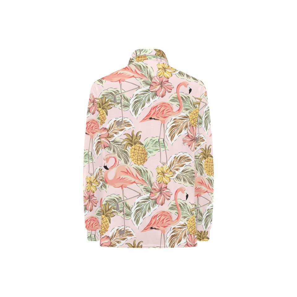 Pink flamingo birds pineapples hibiscus flower pat Women's Long Sleeve Polo Shirt