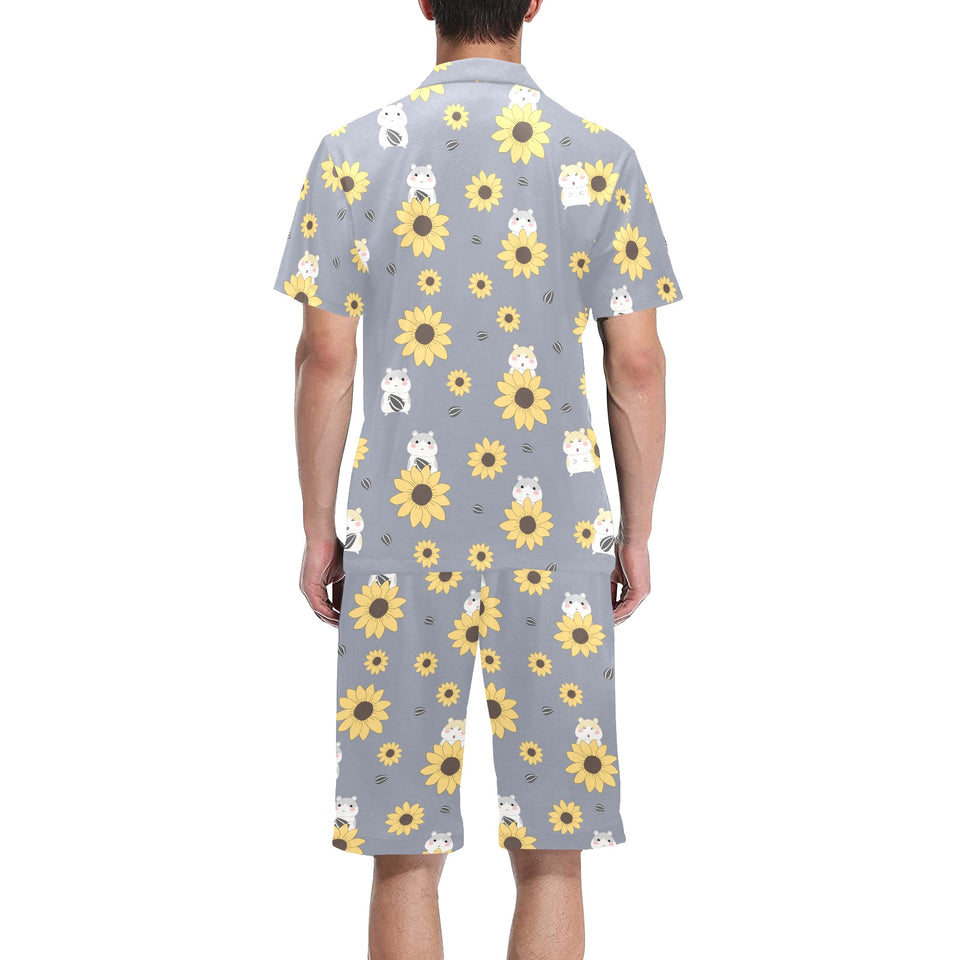 Cute hamster sunflower pattern background Men's V-Neck Short Pajama Set