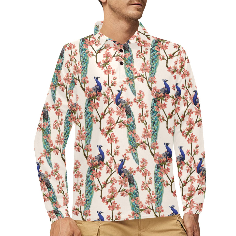 Peacock tropical flower pattern Men's Long Sleeve Polo Shirt