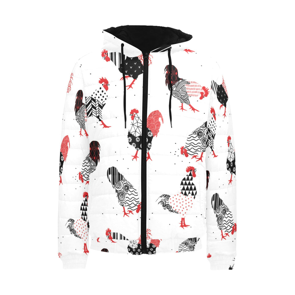 Cool rooster chicken cock floral ornament backgrou Men's Padded Hooded Jacket