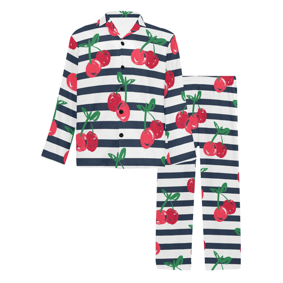 Hand drawn cherry pattern striped background Men's Long Pajama Set