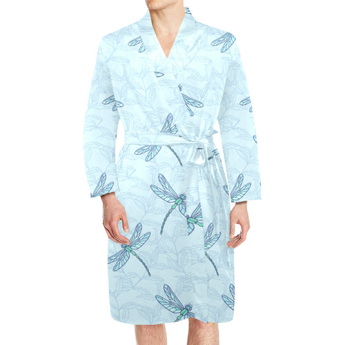 Dragonfly pattern blue background Men's Long Sleeve Belted Night Robe