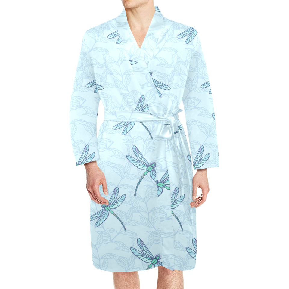 Dragonfly pattern blue background Men's Long Sleeve Belted Night Robe