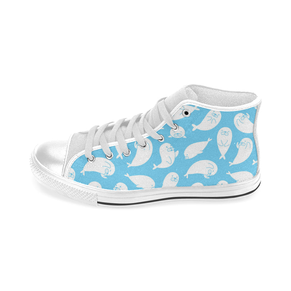 Cute white sea lion seals pattern Men's High Top Canvas Shoes White