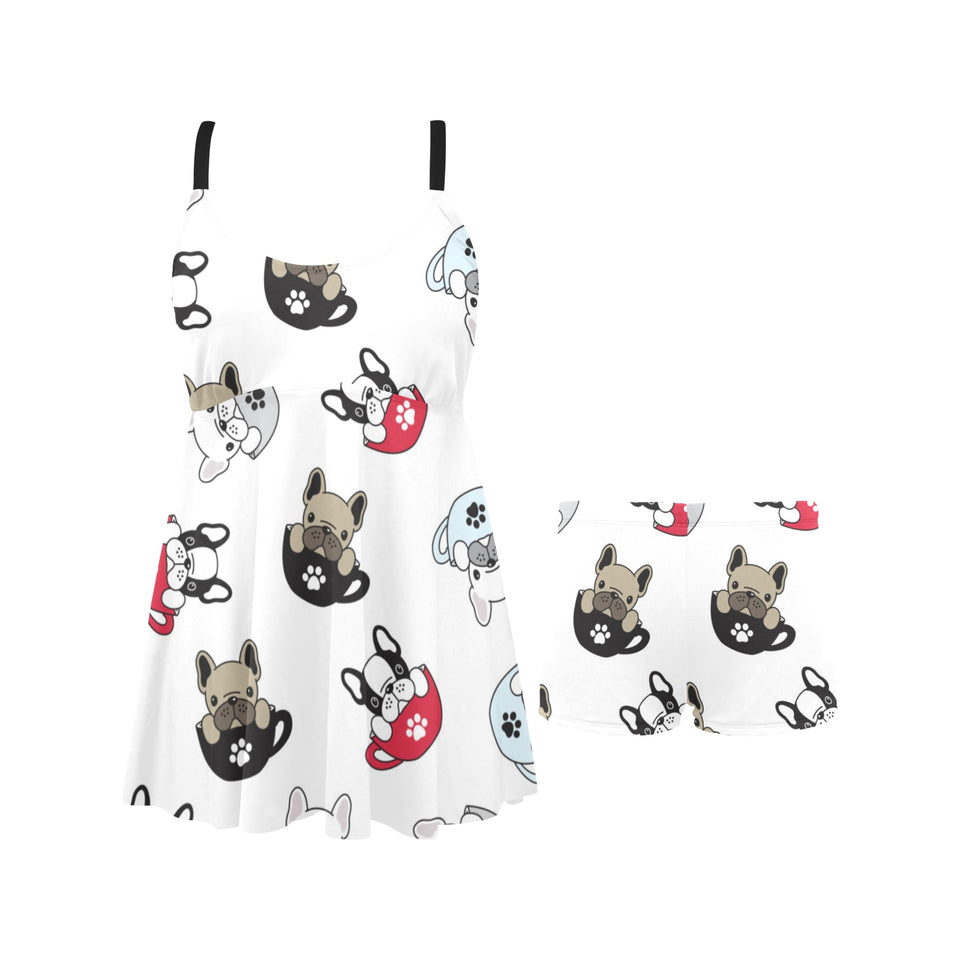 French bulldog cup paw pattern Chest Sexy Pleated Two Piece Swim Dress
