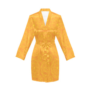 Orange traditional indian element pattern Women's Long Sleeve Belted Night Robe