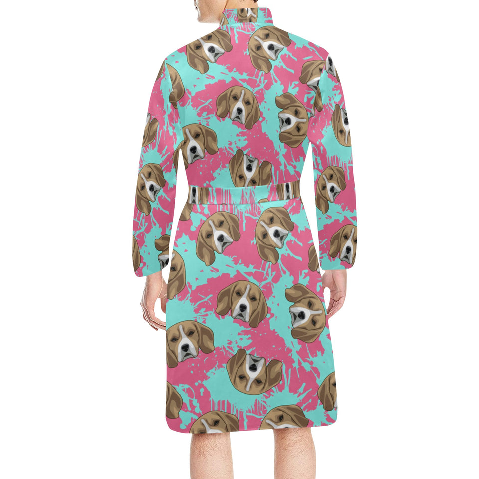 Beagle muzzles turquoise paint splashes pink patte Men's Long Sleeve Belted Night Robe