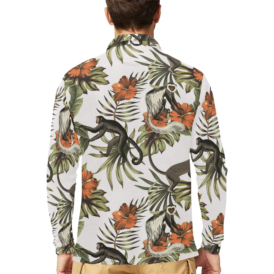 Monkey red hibiscus flower palm leaves floral patt Men's Long Sleeve Polo Shirt