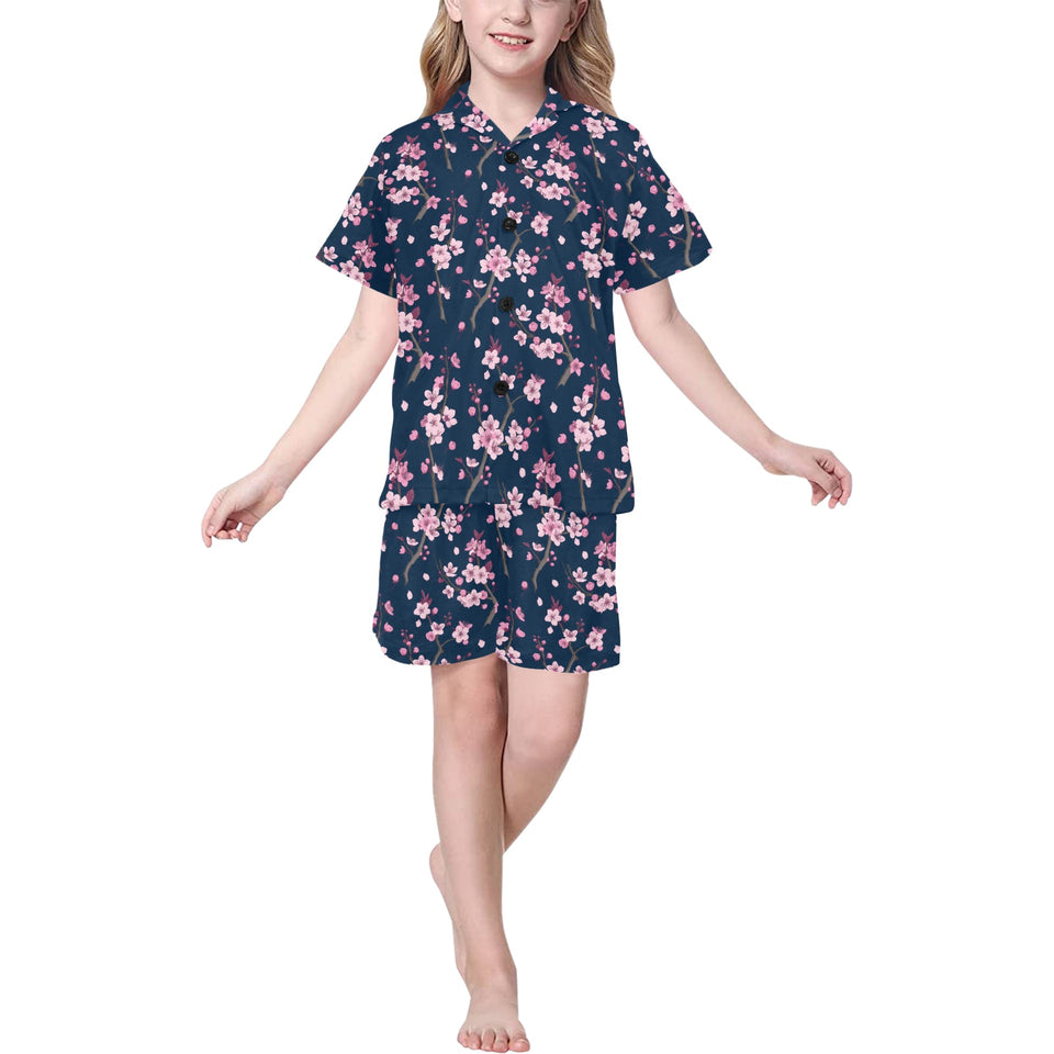 Pink sakura cherry blossom blue background Kids' Boys' Girls' V-Neck Short Pajama Set