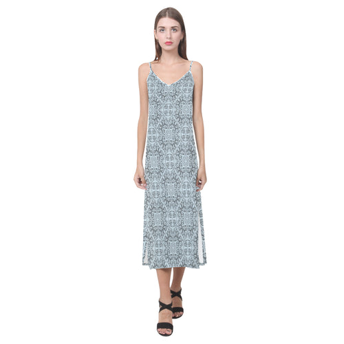 Traditional indian element pattern V-Neck Open Fork Long Dress