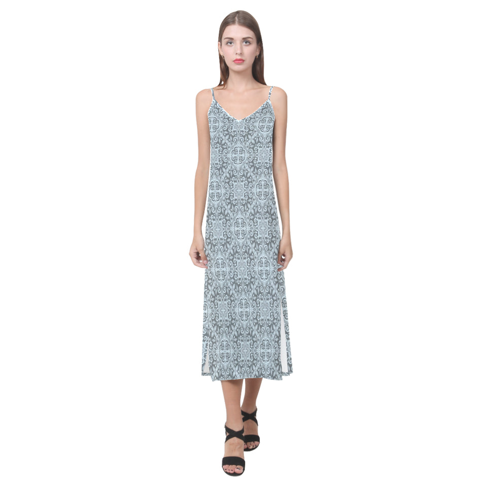 Traditional indian element pattern V-Neck Open Fork Long Dress