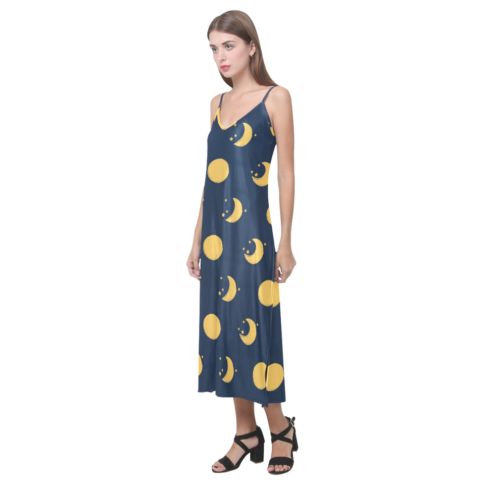 Moon star pattern V-Neck Open Fork Long Dress