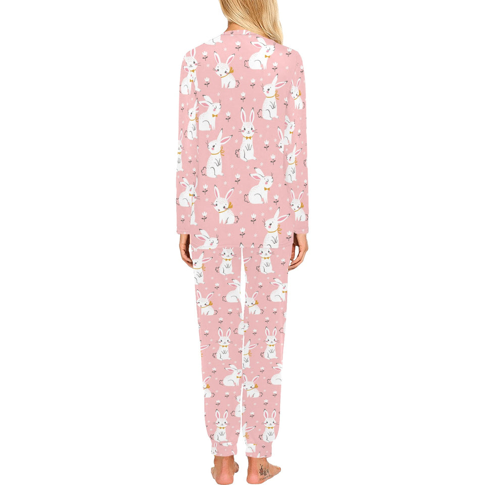 Cute white rabbit flower pink background Women's All Over Print Pajama Set