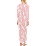 Cute white rabbit flower pink background Women's All Over Print Pajama Set