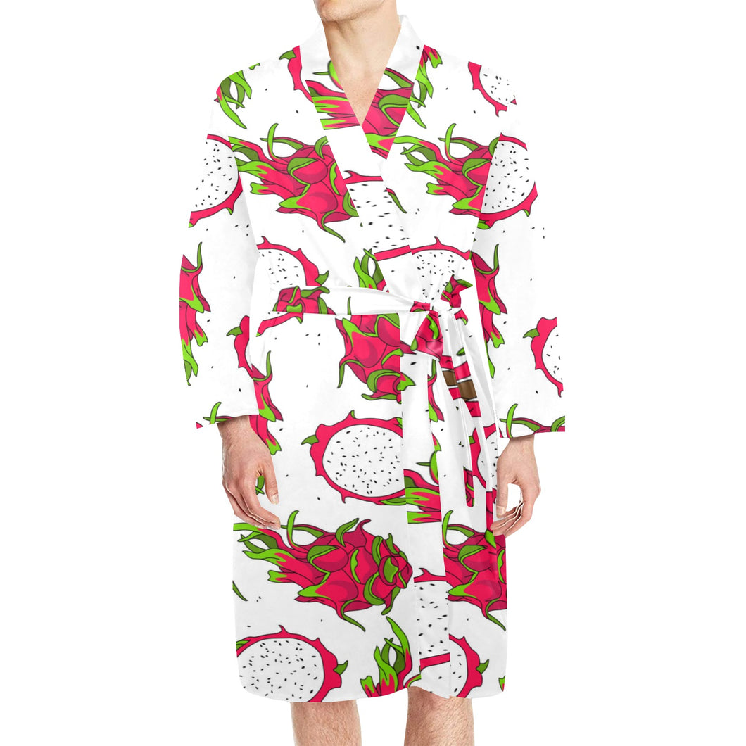 dragon fruits white background Men's Long Sleeve Belted Night Robe