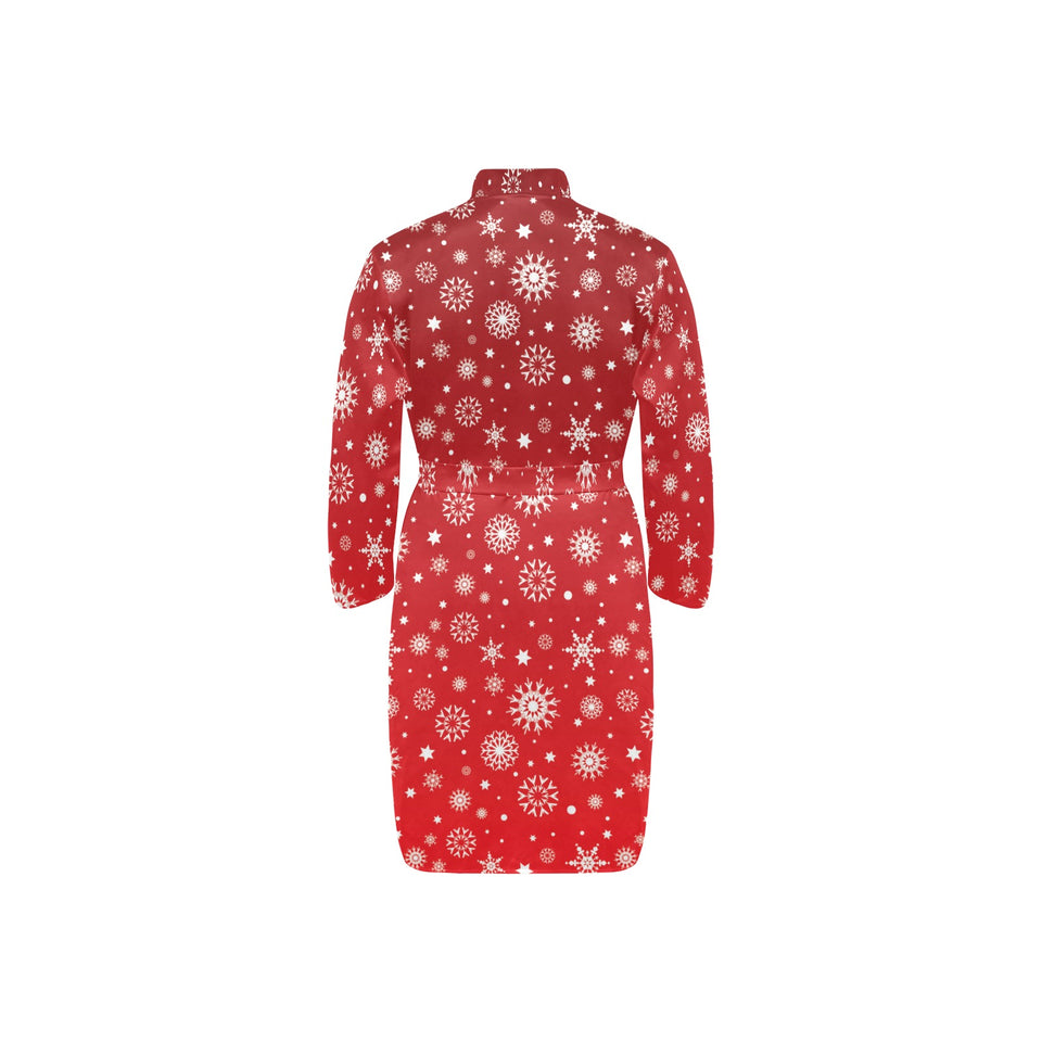 Snowflake pattern red background Men's Long Sleeve Belted Night Robe