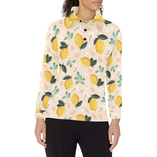 lemon flower leave pattern Women's Long Sleeve Polo Shirt