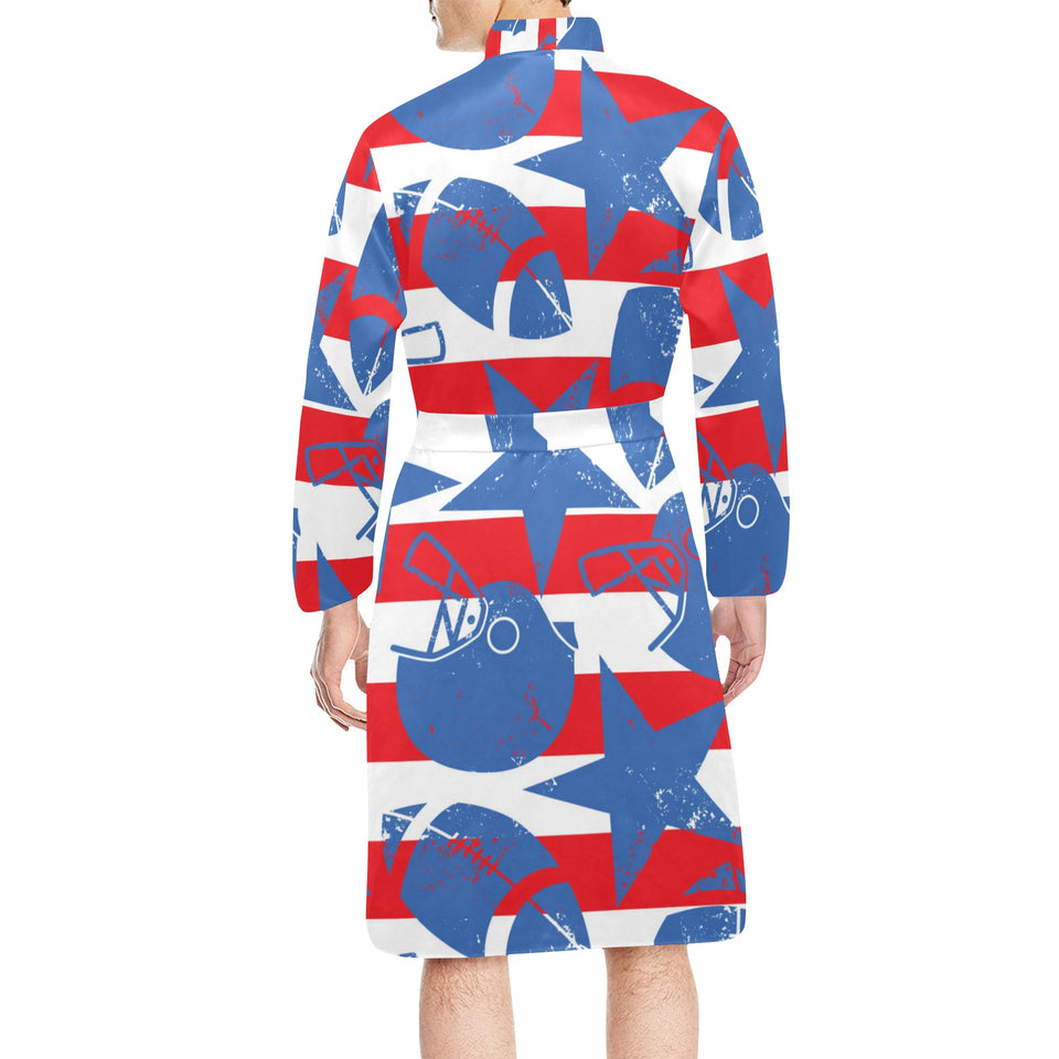 American football ball star stripes pattern Men's Long Sleeve Belted Night Robe