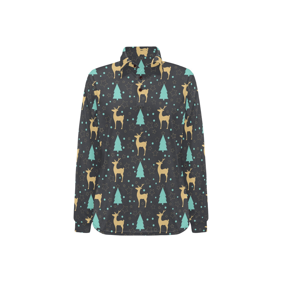 Deers star tree pattern Women's Long Sleeve Polo Shirt