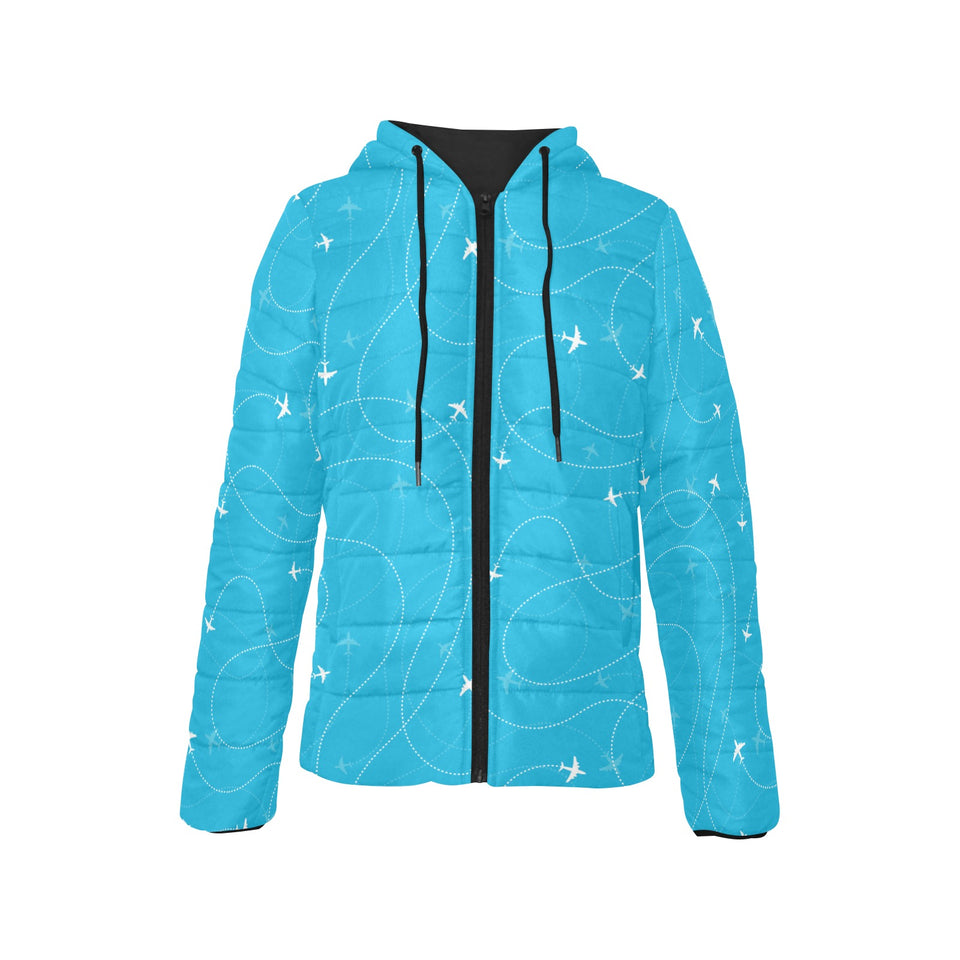 Airplane destinations blue background Women's Padded Hooded Jacket
