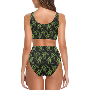 Green Peas Pattern Print Design 02 Chest Bowknot High Waisted Bikini Swimsuit