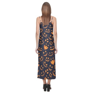 Halloween pattern Pumpkin background V-Neck Open Fork Long Dress