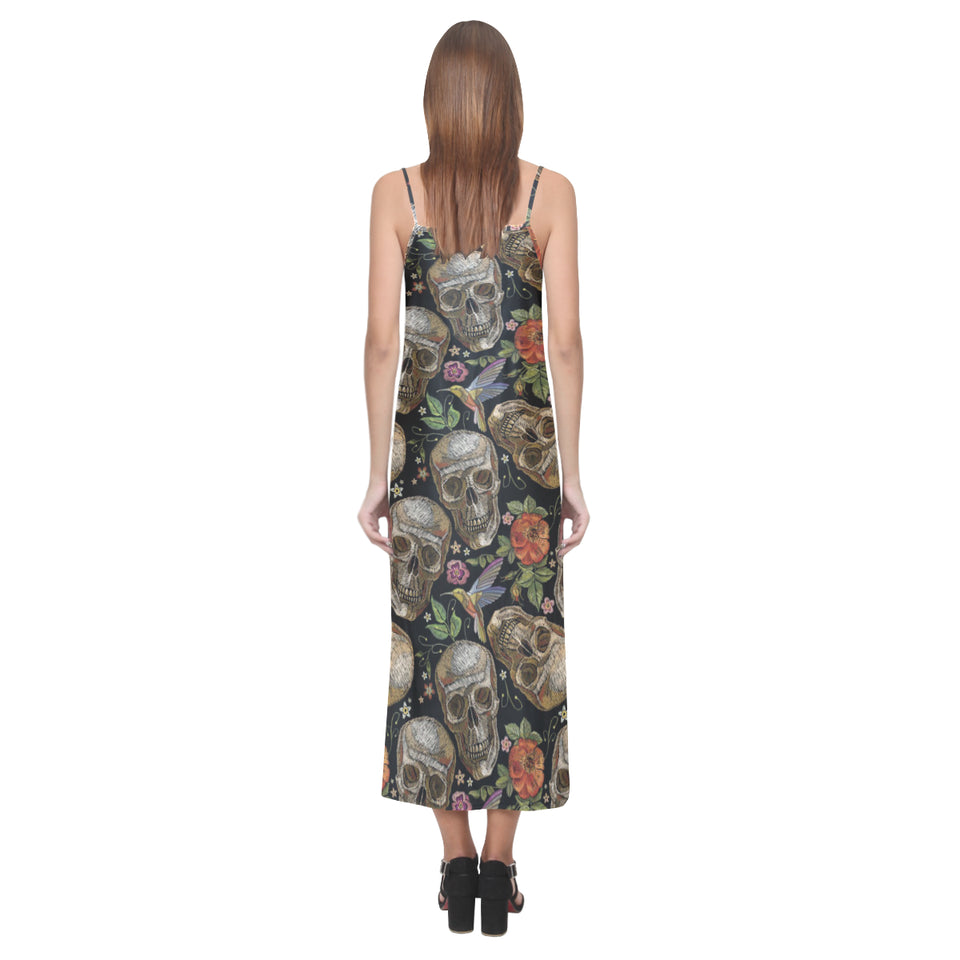 Skull rose humming bird flower pattern V-Neck Open Fork Long Dress
