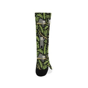 Cute sloths tropical palm leaves black background Crew Socks