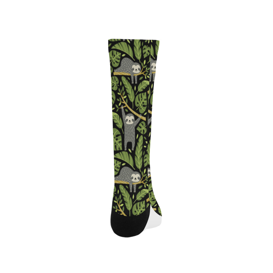 Cute sloths tropical palm leaves black background Crew Socks