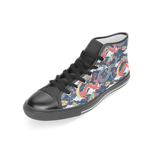 Blue red dragon cloud pattern Women's High Top Canvas Shoes Black