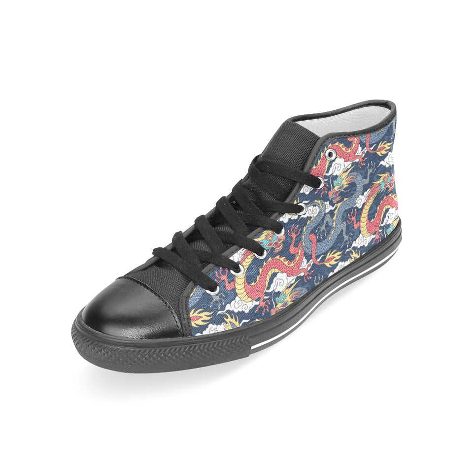 Blue red dragon cloud pattern Women's High Top Canvas Shoes Black