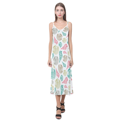 Colorful shell pattern V-Neck Open Fork Long Dress