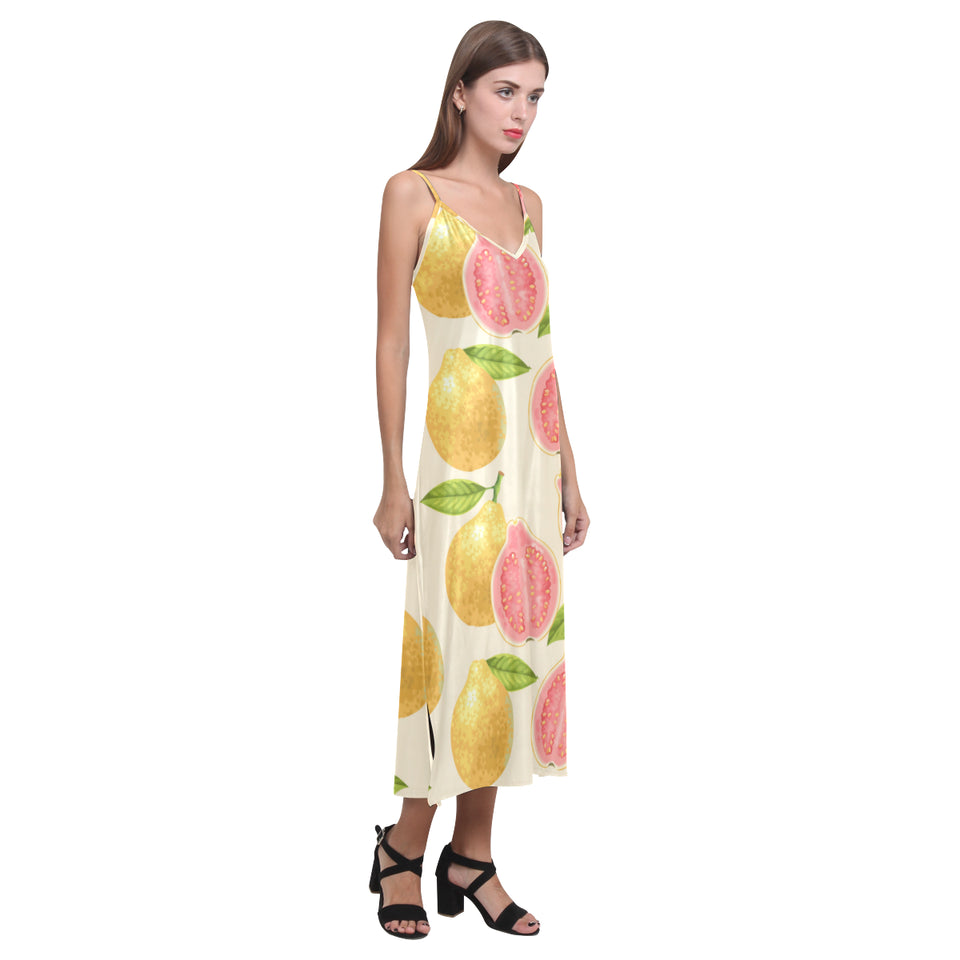 Beautiful guava pattern V-Neck Open Fork Long Dress