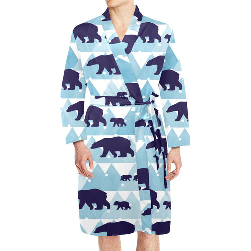 polar bear winter snow pattern Men's Long Sleeve Belted Night Robe