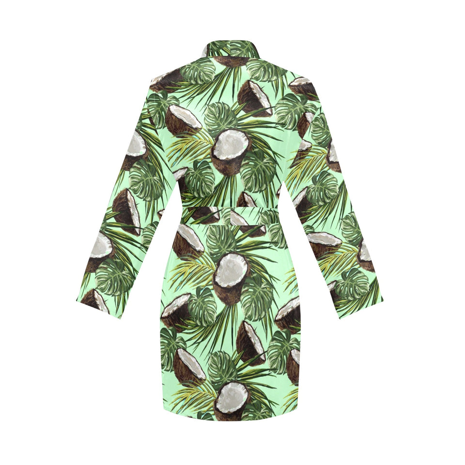 Coconut Pattern Print Design 02 Women's Long Sleeve Belted Night Robe