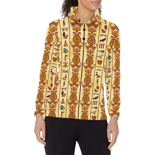 Egypt Hieroglyphics Pattern Print Design 04 Women's Long Sleeve Polo Shirt