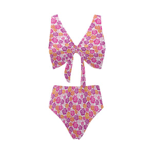Hibiscus Pattern Print Design 01 Chest Bowknot High Waisted Bikini Swimsuit