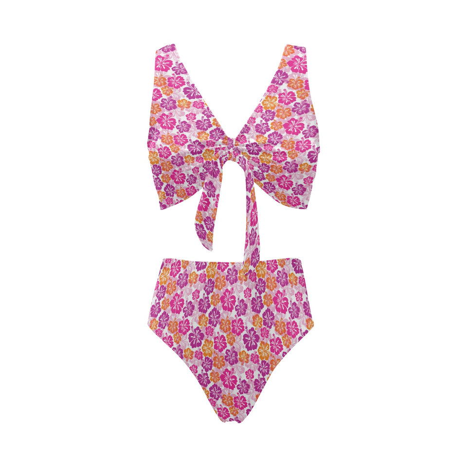 Hibiscus Pattern Print Design 01 Chest Bowknot High Waisted Bikini Swimsuit