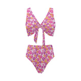 Hibiscus Pattern Print Design 01 Chest Bowknot High Waisted Bikini Swimsuit