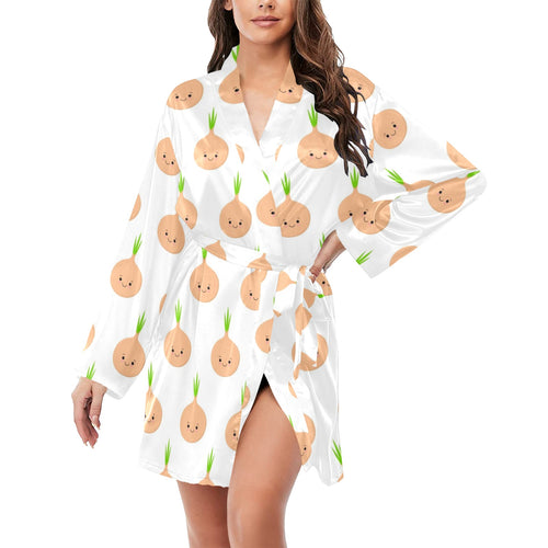 cute onions smiling faces Women's Long Sleeve Belted Night Robe