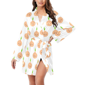 cute onions smiling faces Women's Long Sleeve Belted Night Robe