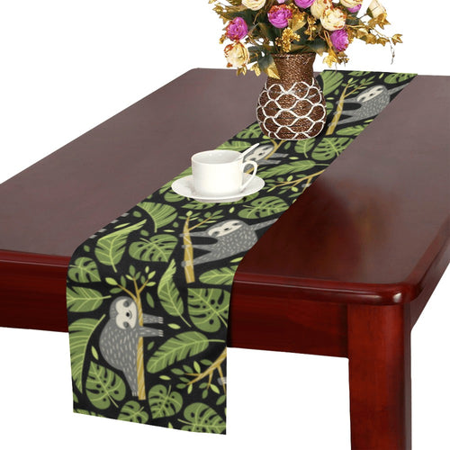 Cute sloths tropical palm leaves black background Table Runner