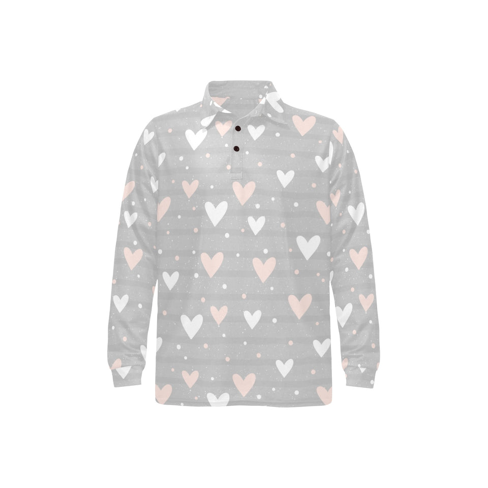 Heart pattern gray background Men's Long Sleeve Polo Shirt