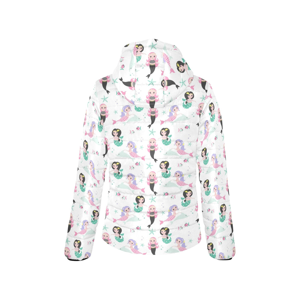 cute mermaid dolphin fish starfish pattern Women's Padded Hooded Jacket