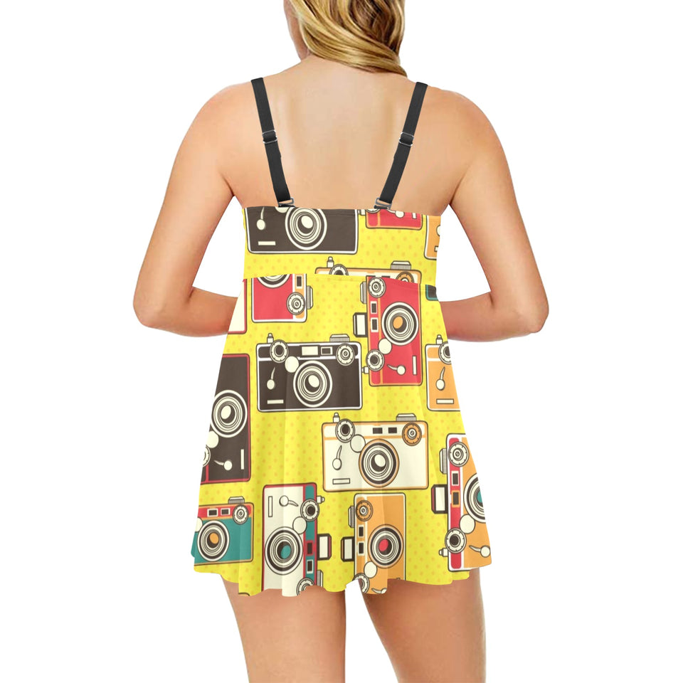 Camera Pattern Print Design 02 Chest Sexy Pleated Two Piece Swim Dress