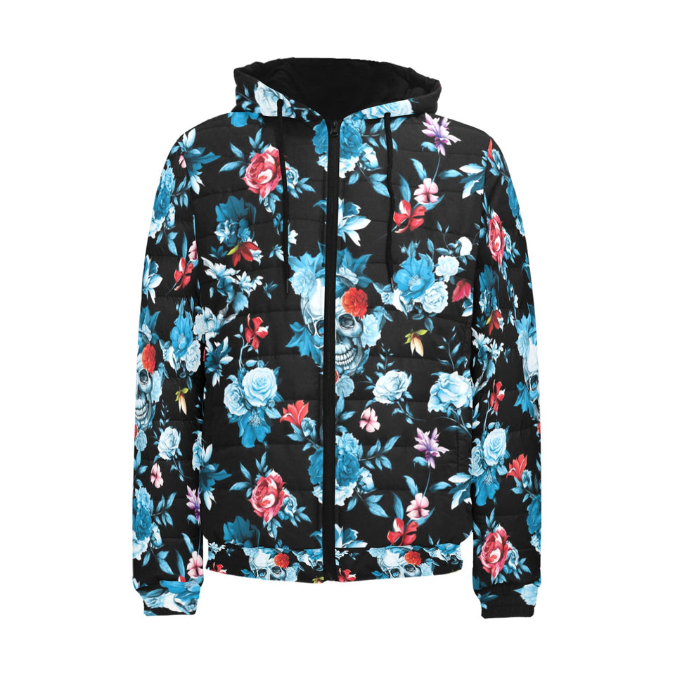 Skull flower roses leave pattern Men's Padded Hooded Jacket